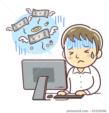 Illustration of a man who is sad when he sees that his computer has run out of money (money flies away) 65838406