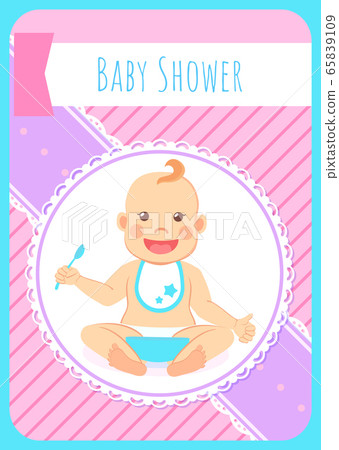 Baby Shower Greeting Card, Infant Boy Eats Vector Baby Shower Greeting Card, Infant Boy Eats Vector 65839109