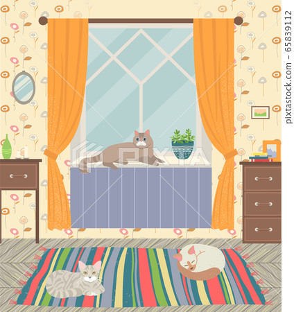 Living Room Interior, Home with Cats Pets Vector Living Room Interior, Home with Cats Pets Vector 65839112