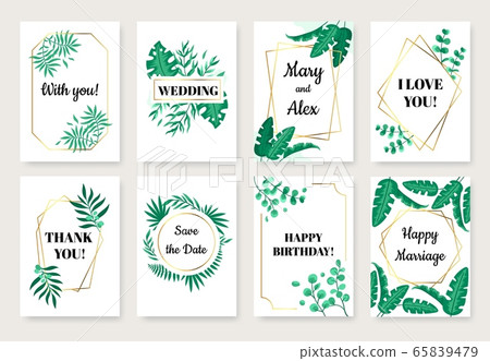 Set of cards with green leaves and gold frames. Set of cards with green leaves and gold frames. 65839479