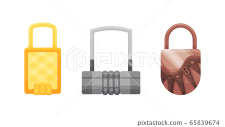 Padlocks. Flat padlock icons for protection privacy, web and mobile apps. Cartoon closed locks. Design template of golden, steel and bronze locks 65839674