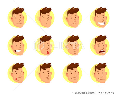Man face expressions. Set of different male facial emotions. Attractive cartoon character. Happy, sad, surprised, tired, in love, laugh, angry and other emotions 65839675