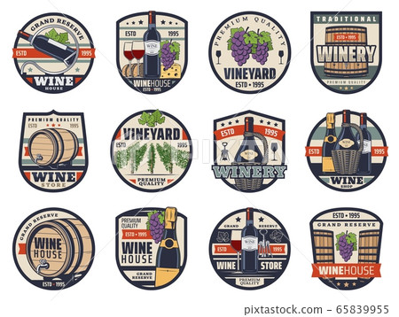 Wine, winemaking and viticulture vector icons set - Stock Illustration ...