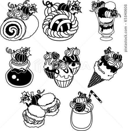 Pumpkin roll cake, pie, parfait, cream puff, jam, cupcake and ice cream and juice 65840608