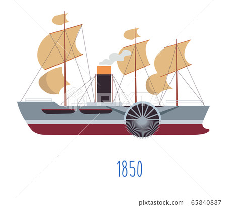 Steam boat with sails and tube with smoke Steam boat with sails and tube with smoke 65840887