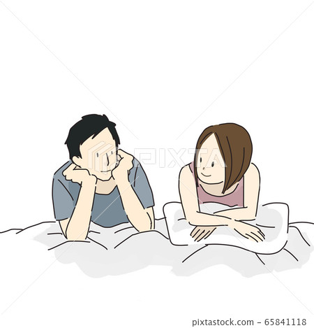 Men and women (couples) talking on beds and... - Stock Illustration ...