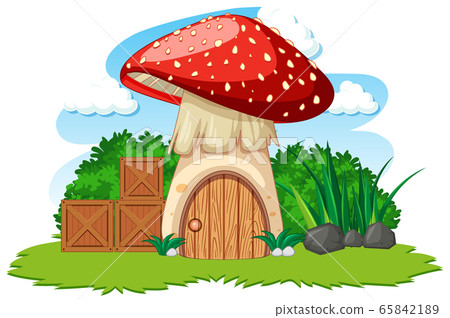 Mushroom house and some grass cartoon style on 65842189