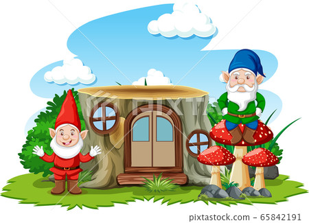 Gnomes standing beside stump house cartoon Gnomes standing beside stump house cartoon 65842191