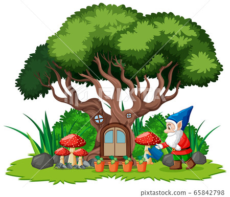 Gnome watering plants in the garden on white 65842798