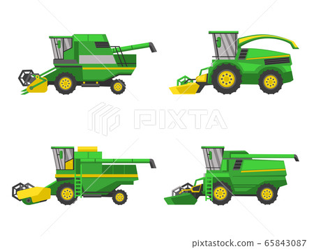 Green harvesting machine agricultural vehicles harvesting combine set, vector isolated on white background flat style icon Green harvesting machine agricultural vehicles harvesting combine set, vector isolated on white background flat style icon 65843087