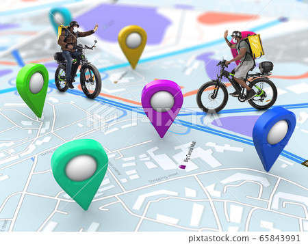 Home delivery, food purchase via the Internet. Deliveryman on bike arriving to any address worldwide on the map with your order. 65843991