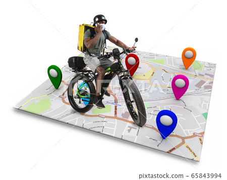 Home delivery, food purchase via the Internet. Deliveryman on bike arriving to any address worldwide on the map with your order. Home delivery, food purchase via the Internet. Deliveryman on bike arriving to any address worldwide on the map with your order. 65843994