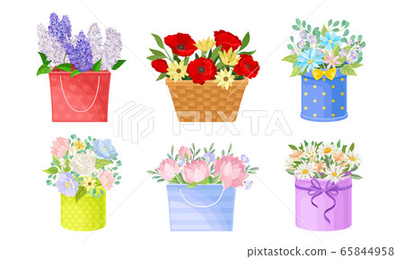 Flower Bouquets and Bunches Rested in Basket and Carton Gift Box Vector Set Flower Bouquets and Bunches Rested in Basket and Carton Gift Box Vector Set 65844958