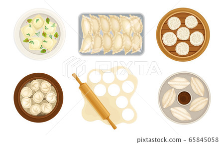 Cooked Dumplings Rested on Plate and Rolling Pin Rolling out Pastry Vector Set 65845058
