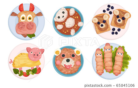 Breakfast Plating with Food Arranged in Childish Animal Shapes Vector Set 65845106