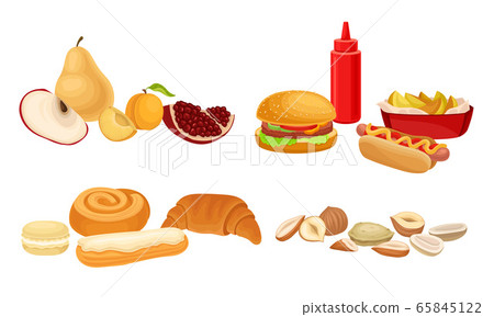 Food Compositions with Sugary Dessert, Fruits and Fast Food as Harmful and Healthy Nutrition Vector Set 65845122