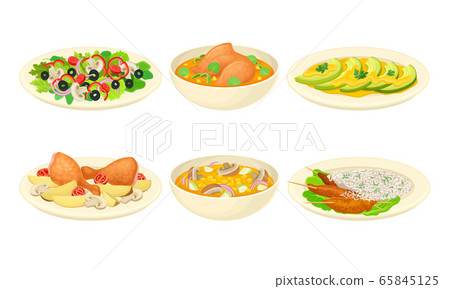 Dishes with Meat and Vegetables Served on Plate Vector Set Dishes with Meat and Vegetables Served on Plate Vector Set 65845125