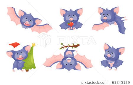 Funny Bat with Membranous Wings Flying and Carrying Fir Tree Vector Set 65845129