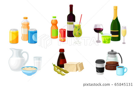 Different Drinks in Bottles and Cans with Sparkling Water and Wine Vector Set 65845131