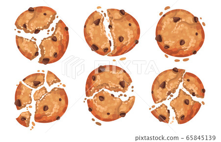Oatmeal Cookies with Chocolate Crumbs Isolated on White Background Vector Set Oatmeal Cookies with Chocolate Crumbs Isolated on White Background Vector Set 65845139