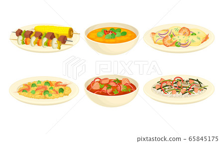 Dishes with Meat and Seafood with Vegetables Vector Set Dishes with Meat and Seafood with Vegetables Vector Set 65845175