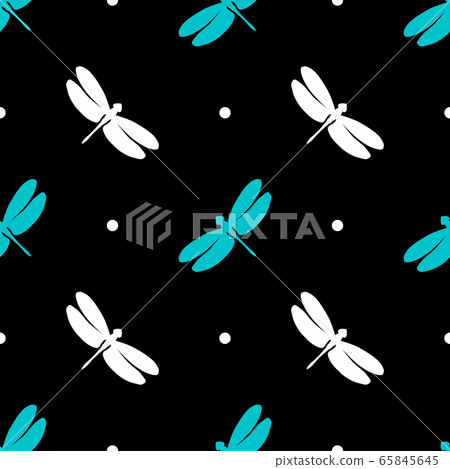 Seamless pattern with colorful dragonflies. Blue and white elements on a black background. Stock vector illustration. Creative idea for modern designs backdrops, cards, textiles, packings, fabric. Seamless pattern with colorful dragonflies. Blue and white elements on a black background. Stock vector illustration. Creative idea for modern designs backdrops, cards, textiles, packings, fabric. 65845645