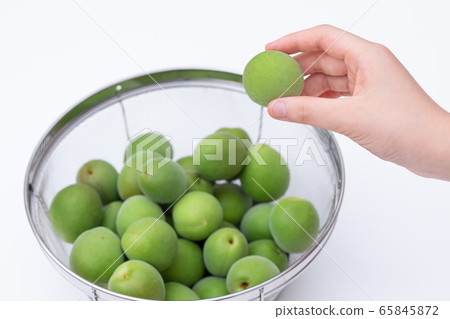 Ome making Umeshu, sorting out the many plums in a colander 65845872