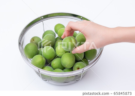 Ome making Umeshu, sorting out the many plums in a colander 65845873