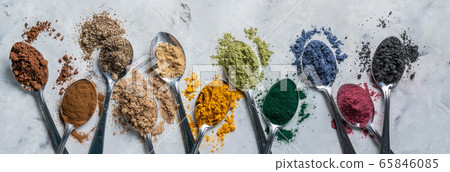 Super powders in spoons - matcha, turmeric, ginger, cocoa, spirulina, chia, cinnamon, black sesame Super powders in spoons - matcha, turmeric, ginger, cocoa, spirulina, chia, cinnamon, black sesame 65846085