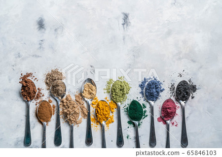 Super powders in spoons - matcha, turmeric, ginger, cocoa, spirulina, chia, cinnamon, black sesame Super powders in spoons - matcha, turmeric, ginger, cocoa, spirulina, chia, cinnamon, black sesame 65846103