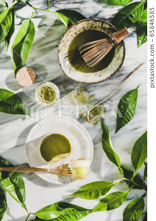 Flat-lay of green matcha cheesecake dessert and 65846585