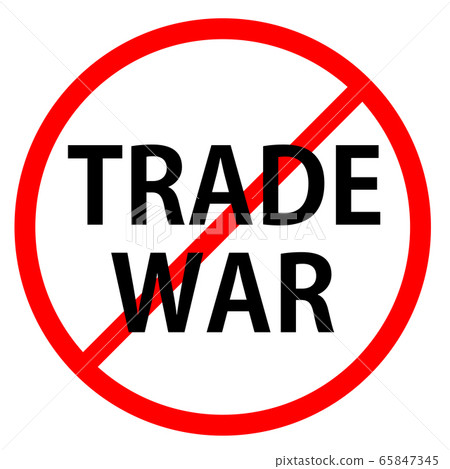 Text TRADE WAR is in red circle With red line projected through the circle. Stop TRADE WAR. Text is in traffic sign. Isolated on white background. Text TRADE WAR is in red circle With red line projected through the circle. Stop TRADE WAR. Text is in traffic sign. Isolated on white background. 65847345
