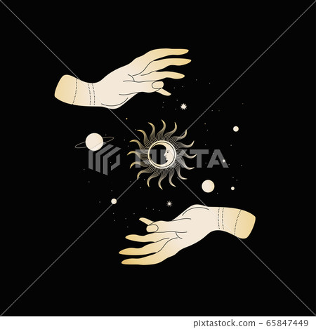Magical hands. wo hands, planets, sun and moon. Magical hands. wo hands, planets, sun and moon. 65847449