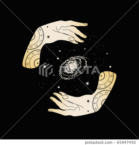 Magical hands. Two hands, stars and a galaxy. 65847450