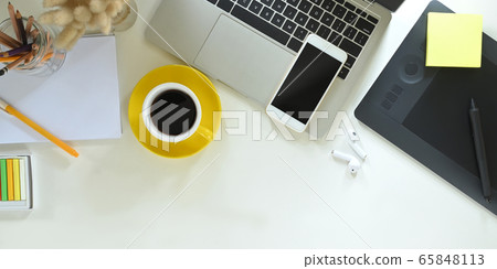 Top view creative workspace with office desk. Top view creative workspace with office desk. 65848113