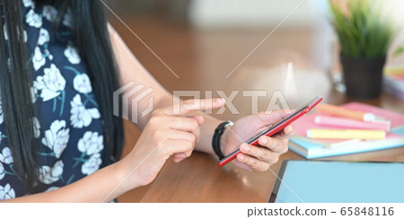 Cropped image of beautiful woman hands holding and using a smartphone. 65848116