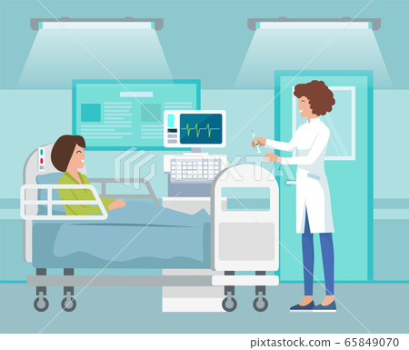 Hospitalization of the patient. A nurse medicine taking care of a sick woman lying in a medical bed 65849070