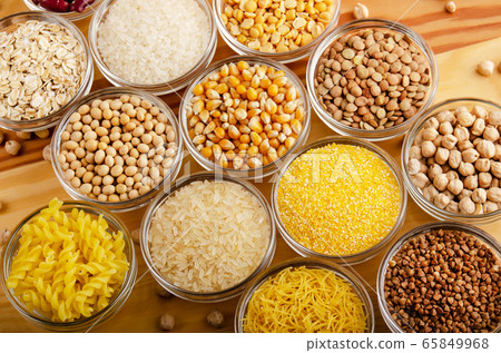 Flat lay view at set of various legumes and grains 65849968