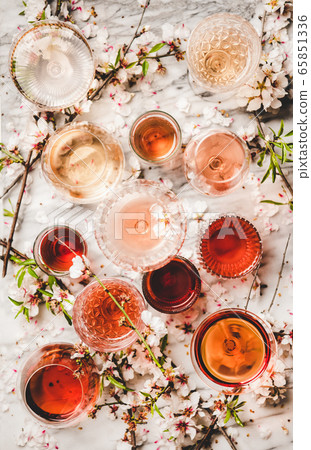 Various shades of rose wine over white marble Various shades of rose wine over white marble 65851336