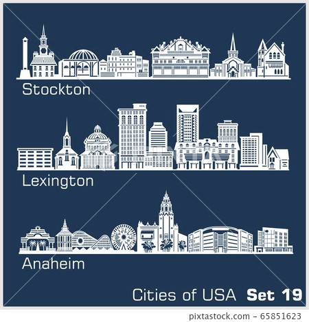 Cities of USA - Stockton, Lexington, Anaheim. Detailed architecture. Trendy vector illustration. Cities of USA - Stockton, Lexington, Anaheim. Detailed architecture. Trendy vector illustration. 65851623
