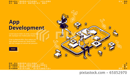 Mobile app development isometric landing page - Stock Illustration ...
