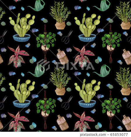 Indoor plant watercolor seamless pattern. Home plants, fig tree, ZZ Plant (Zamioculcas),  Snake Plant (Sansevieria),  Fiddle Leaf Fig,  missionary plants, ficus, monstera in a pot. 65853077