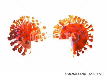 Coronavirus molecules split into parts. Microscopic photography. The concept of the epidemic virus infection and the risk of life. Care of health. 3D illustration of cells. Isolated on white 65853720