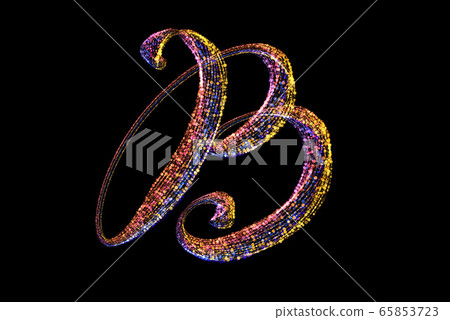 B - The capital letter handwritten made of multicolored luminous circles isolated on black background. Part of Alphabet series 65853723