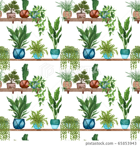 Watercolor Seamless pattern of different house plants. Hand drawn indoor green plants in flower pots. Decorative greenery backdrop perfect for fabric textile, scrapbooking or wrapping paper design. 65853943