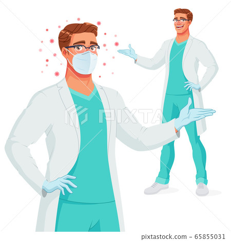 Smiling doctor in medical gown, mask, gloves presenting. Protection from Covid-19. Vector illustration. 65855031