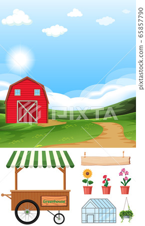 Farm scene with barn and other farming items 65857790