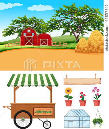 Farm scene with barns and farming items on the 65857841