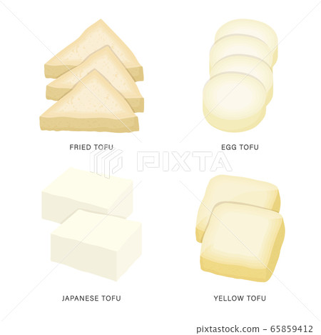 Set of Fresh Tofu and Bean Curd Slices. Organic and healthy food isolated element Vector illustration. 65859412