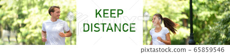 KEEP DISTANCE Covid-19 social distancing banner of happy healthy active friends walking together in city park outdoors. Coronavirus prevention text sign. Asian woman with man talking during walk KEEP DISTANCE Covid-19 social distancing banner of happy healthy active friends walking together in city park outdoors. Coronavirus prevention text sign. Asian woman with man talking during walk 65859546